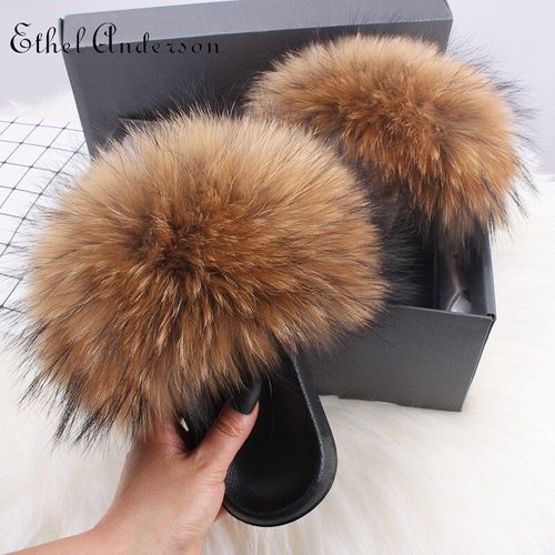 Pantoufles Fourrure Pour Femme, Chaussures Tendance, En Véritable Renard, Glissantes, Pelucheuses