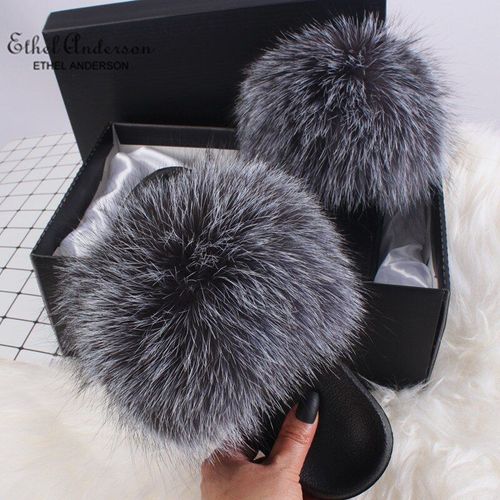 Pantoufles Fourrure Pour Femme, Chaussures Tendance, En Véritable Renard, Glissantes, Pelucheuses