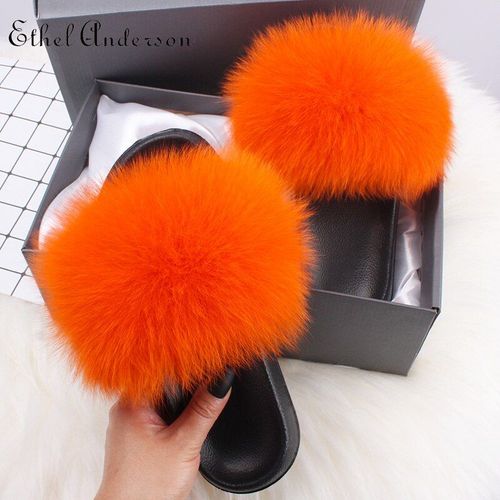 Pantoufles Fourrure Pour Femme, Chaussures Tendance, En Véritable Renard, Glissantes, Pelucheuses