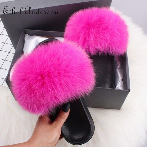Pantoufles Fourrure Pour Femme, Chaussures Tendance, En Véritable Renard, Glissantes, Pelucheuses