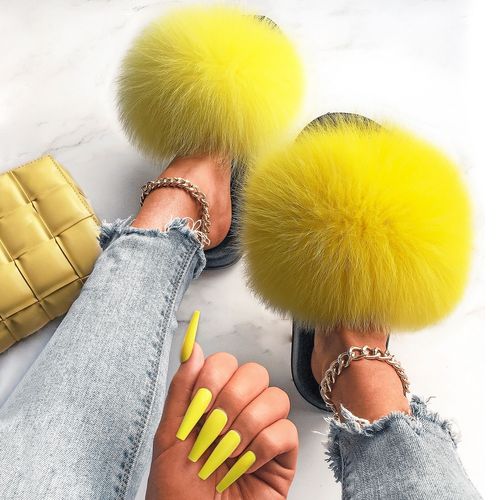 Pantoufles Fourrure Pour Femme, Chaussures Tendance, En Véritable Renard, Glissantes, Pelucheuses