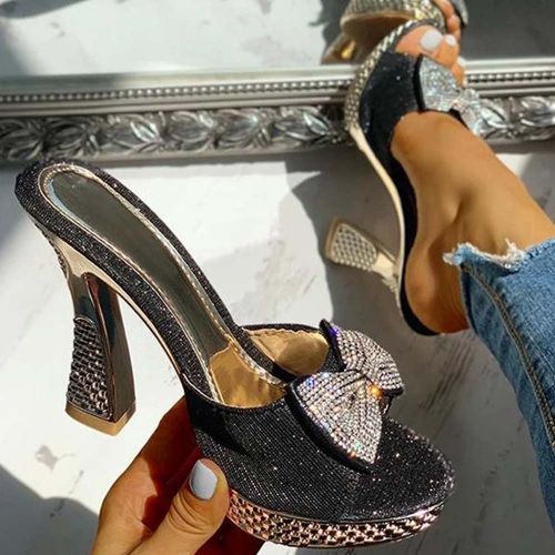 Pantoufles La Mode Avec N¿ud Papillon Pour Femmes, Chaussures Sexy Talons Hauts Etpais Avec Plateforme En Cristal,