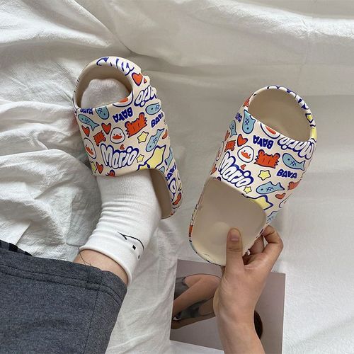 Pantoufles Motif De Graffiti Pour Femmes, Chaussures D'extérieur, Semelle Souple, Tongs De Plage, Dessin Animé