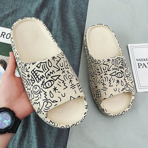 Pantoufles Motif De Graffiti Pour Femmes, Chaussures D'extérieur, Semelle Souple, Tongs De Plage, Dessin Animé