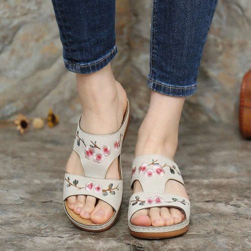 Pantoufles Plateforme Fleurie Pour Femmes, Chaussures Plates Pour Femmes, La Mode, Style Ethnique,té Décontracté