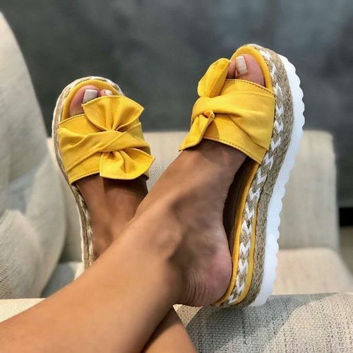 Pantoufles Talon Compensé Et Cravate N¿ud Papillon, Chaussons Semelle Plate, Bout Ouvert, Pour Femmes,té,