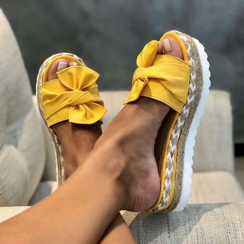 Pantoufles Talon Compensé Et Cravate N¿ud Papillon, Chaussons Semelle Plate, Bout Ouvert, Pour Femmes,té,