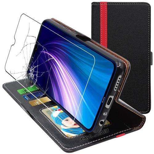 Ebeststar - Coque + Film Verre Trempé Xiaomi Redmi Note 8t Etui Vitre Portefeuille Pu Cuir Porte-Cartes, Noir / Rouge [Dimensions Precises Smartphone : 161.1 X 75.4 X 8.6mm, Écran 6.3''] [Nb: Lire Description]