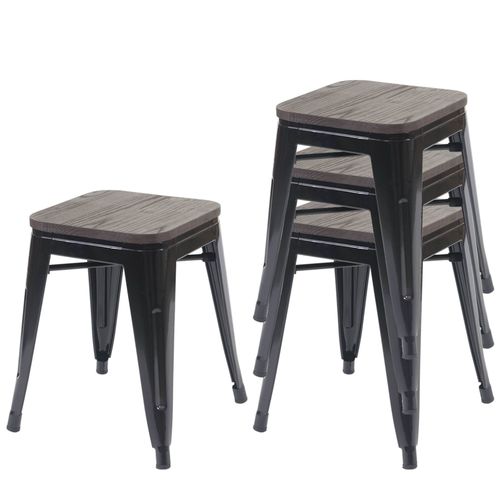 4x Tabouret Hwc-A73, Avec Siège En Bois, Métal, Style Industriel, Empilable    Noir