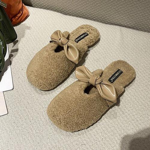 Pantoufles De Fourrure Basses Pour Femmes, Chaussures D'hiver La Mode, Pantoufles De Plateforme D'extérieur, Diapositives Floquées, Orteils Couverts, Peluche, Massage Plat