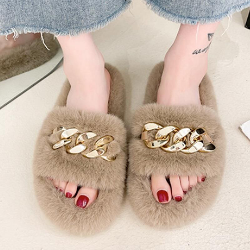 Pantoufles En Fourrure Pour Femmes, Chaussures En Peluche Po...