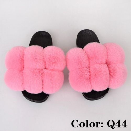 Pantoufles En Fausse Fourrure, Moelleuses Pour Femme, Chaussures De Maison Féminines Avec Pompons Colorés