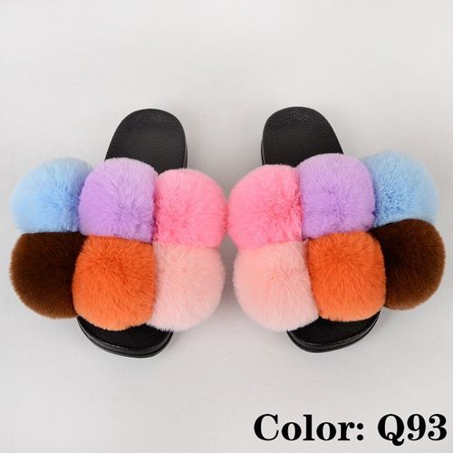 Pantoufles En Fausse Fourrure, Moelleuses Pour Femme, Chaussures De Maison Féminines Avec Pompons Colorés