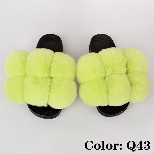 Pantoufles En Fausse Fourrure, Moelleuses Pour Femme, Chaussures De Maison Féminines Avec Pompons Colorés