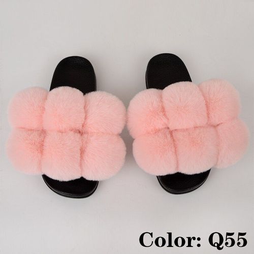 Pantoufles En Fausse Fourrure, Moelleuses Pour Femme, Chaussures De Maison Féminines Avec Pompons Colorés