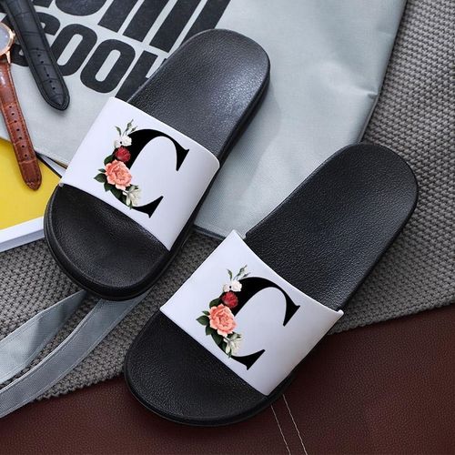 Pantoufles Pour Femmes Avec Lettres Imprimées, Sandales De Plage Plates Antidérapantes, Tongs D'intérieur Pour Salle De Bain