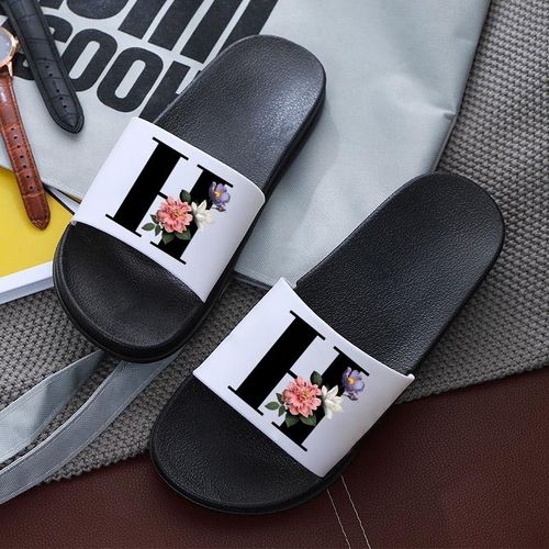 Pantoufles Pour Femmes Avec Lettres Imprimées, Sandales De Plage Plates Antidérapantes, Tongs D'intérieur Pour Salle De Bain