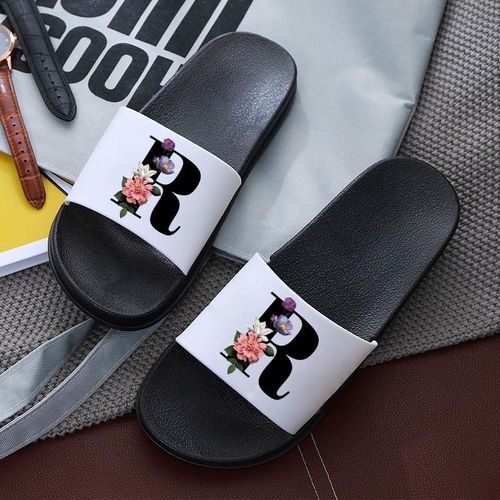 Pantoufles Pour Femmes Avec Lettres Imprimées, Sandales De Plage Plates Antidérapantes, Tongs D'intérieur Pour Salle De Bain