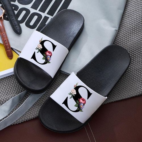 Pantoufles Pour Femmes Avec Lettres Imprimées, Sandales De Plage Plates Antidérapantes, Tongs D'intérieur Pour Salle De Bain