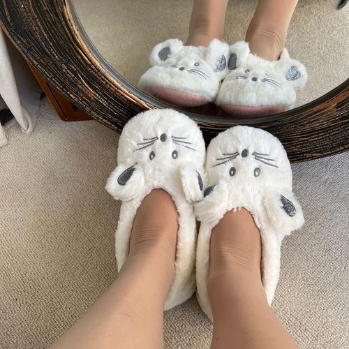 Pantoufles D'hiver Antidérapantes Pour Femmes, Chaussures D'intérieur En Fourrure Contton, Peluche Chaude, Pelucheux, Chaussures Paresseuses Avec Oreilles De Souris Brodées