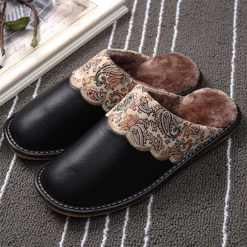 Pantoufles D'hiver En Cuir Pu Pour Femmes Et Hommes, Antidérapantes, Thermiques, Chaudes, Fourrées, Grande
