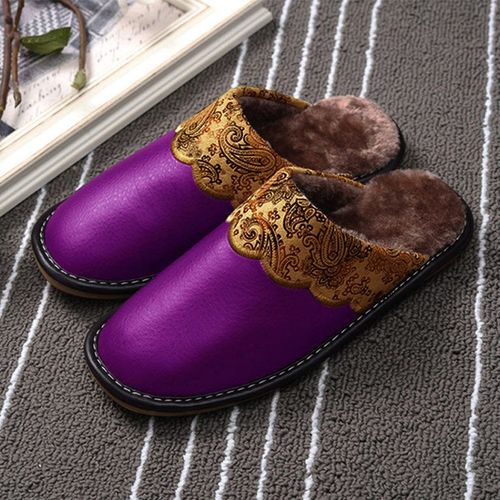 Pantoufles D'hiver En Cuir Pu Pour Femmes Et Hommes, Antidérapantes, Thermiques, Chaudes, Fourrées, Grande