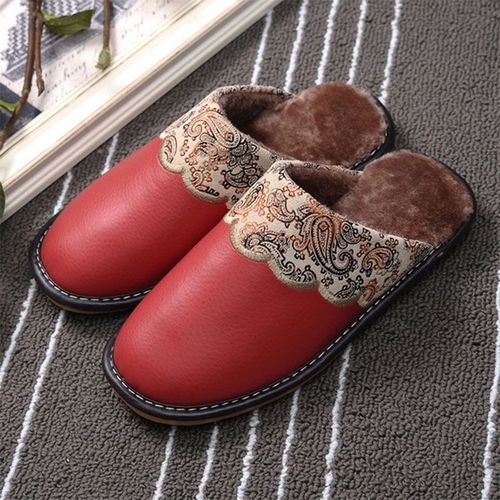 Pantoufles D'hiver En Cuir Pu Pour Femmes Et Hommes, Antidérapantes, Thermiques, Chaudes, Fourrées, Grande