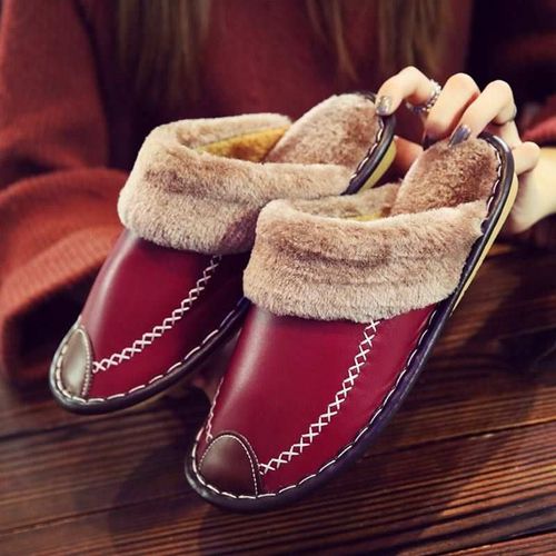Pantoufles D'hiver En Cuir Pu Pour Femmes Et Hommes, Antidérapantes, Thermiques, Chaudes, Fourrées, Grande