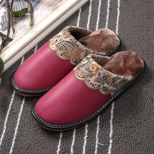 Pantoufles D'hiver En Cuir Pu Pour Femmes Et Hommes, Antidérapantes, Thermiques, Chaudes, Fourrées, Grande