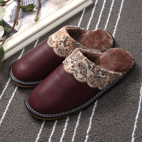 Pantoufles D'hiver En Cuir Pu Pour Femmes Et Hommes, Antidérapantes, Thermiques, Chaudes, Fourrées, Grande