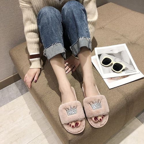 Pantoufles D'hiver En Fausse Fourrure Pour Femmes, Chaussures Chaudes La Mode, Enfiler, Paillettes