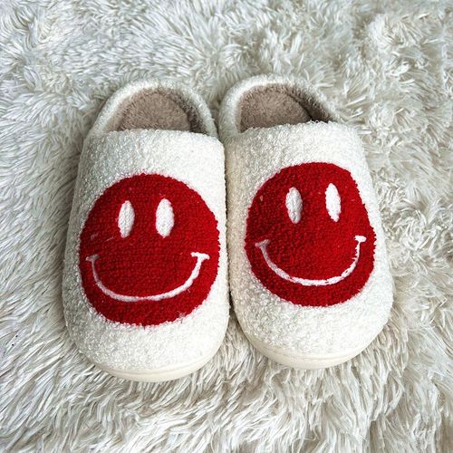 Pantoufles D'hiver En Fourrure Pour Femmes Et Hommes, Motif Grand Smiley, Glissades Moelleuses Pour La Maison, Chaussures En Coton Chaudes En Peluche Pour La Chambre Coucher, Automne