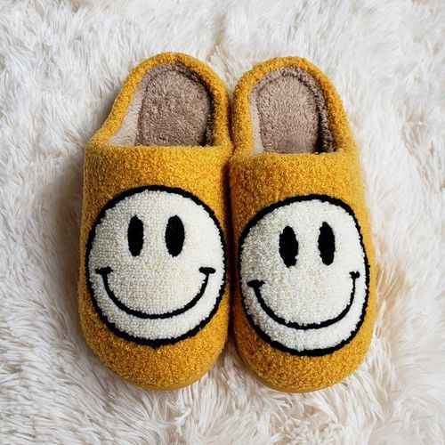 Pantoufles D'hiver En Fourrure Pour Femmes Et Hommes, Motif Grand Smiley, Glissades Moelleuses Pour La Maison, Chaussures En Coton Chaudes En Peluche Pour La Chambre Coucher, Automne