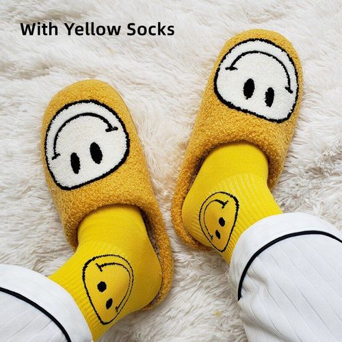 Pantoufles D'hiver En Fourrure Pour Femmes Et Hommes, Motif Grand Smiley, Glissades Moelleuses Pour La Maison, Chaussures En Coton Chaudes En Peluche Pour La Chambre Coucher, Automne