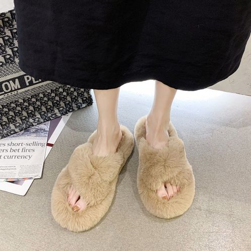 Pantoufles D'hiver En Fourrure Pour Femmes, Chaussures Chaudes Et Moelleuses Bande Croisée Bout Ouvert Pour Filles