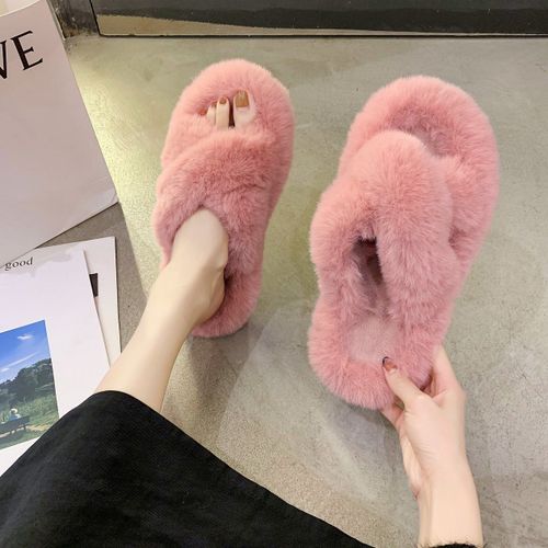 Pantoufles D'hiver En Fourrure Pour Femmes, Chaussures Chaudes Et Moelleuses Bande Croisée Bout Ouvert Pour Filles
