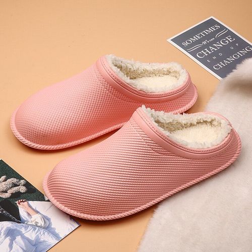 Pantoufles D'hiver En Fourrure Pour Hommes, Chaussures D'intérieur En Cuir Imperméables Et Antidérapantes Pour Femmes, Diapositives Chaudes Et Moelleuses Plates