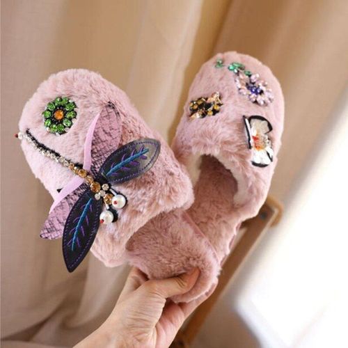 Pantoufles D'intérieur Antidérapantes Pour Femmes, Chaussures D'hiver Chaudes Pour La Maison, Tongs En Diamant, Motif Dessin Animé, Pantoufles En Fourrure