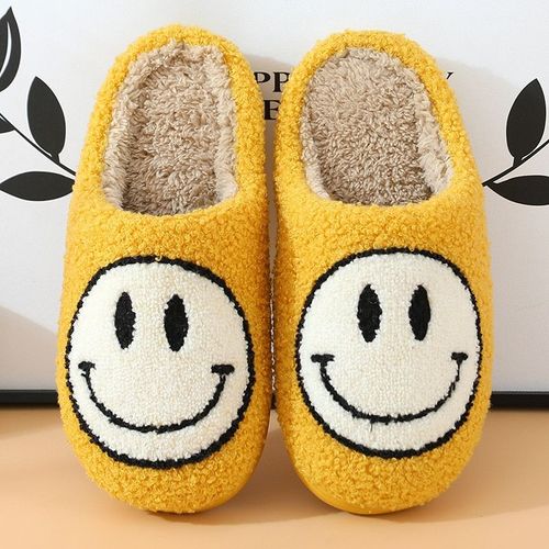 Pantoufles D'intérieur En Fourrure Pour Femmes, Grandes Pantoufles Moelleuses, Avec Visage Souriant, Chaussures De Maison Confortables Et Chaudes, Pour La Chambre Coucher,