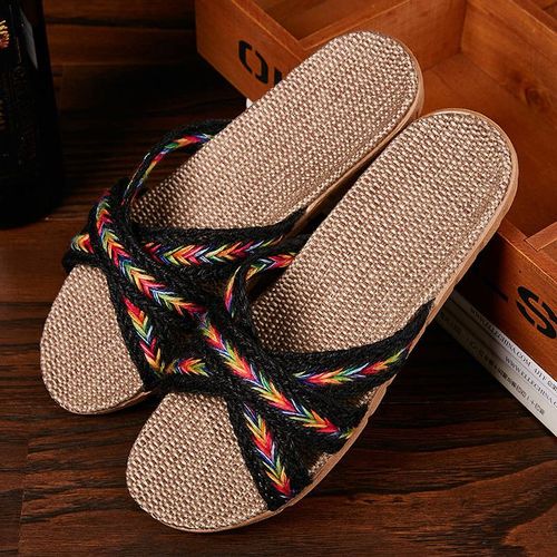 Pantoufles D'intérieur Pour Femmes, Diapositives De Lin, Chaussures Plates , Pantoufles De Sol De Maison, Chaussures De Chambre Coucher Respirantes Pour Amoureux, Sh061202