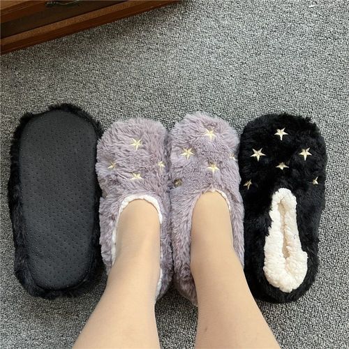 Pantoufles Duveteuses Pour Femmes, Chaussures D'hiver En Fourrure Contton Antidérapantes, Intérieur Étoile, Paresseux, Chaud, Peluche, Imprimé - 35-38