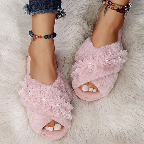 Pantoufles En Fausse Fourrure Pour Femme, Chaussures Chaudes Plates, Enfiler, Grande Taille, Hiver
