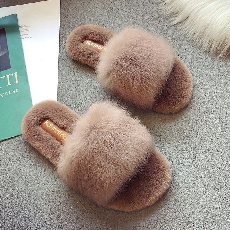 Pantoufles En Fourrure De Lapin Pour Femmes, Chaussures Dco... - 6