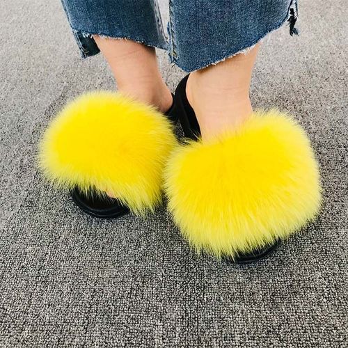 Pantoufles En Fourrure De Renard Pour Femmes, Tongs D'intérieur Décontractées, Chaussures En Peluche, Tendance,té