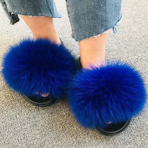 Pantoufles En Fourrure De Renard Pour Femmes, Tongs D'intérieur Décontractées, Chaussures En Peluche, Tendance,té