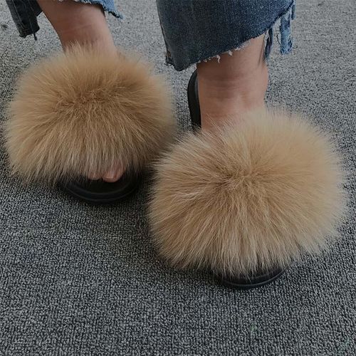 Pantoufles En Fourrure De Renard Pour Femmes, Tongs D'intérieur Décontractées, Chaussures En Peluche, Tendance,té
