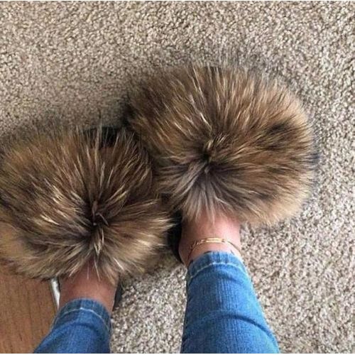 Pantoufles En Fourrure De Renard Pour Femmes, Tongs D'intérieur Décontractées, Chaussures En Peluche, Tendance,té