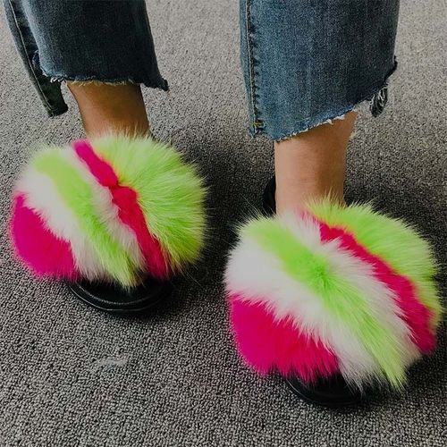 Pantoufles En Fourrure De Renard Pour Femmes, Tongs D'intérieur Décontractées, Chaussures En Peluche, Tendance,té