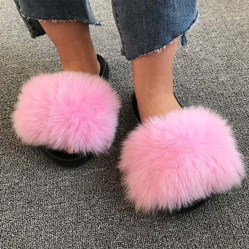 Pantoufles En Fourrure De Renard Pour Femmes, Tongs D'intérieur Décontractées, Chaussures En Peluche, Tendance,té