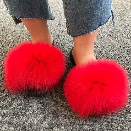 Pantoufles En Fourrure De Renard Pour Femmes, Tongs D'intérieur Décontractées, Chaussures En Peluche, Tendance,té